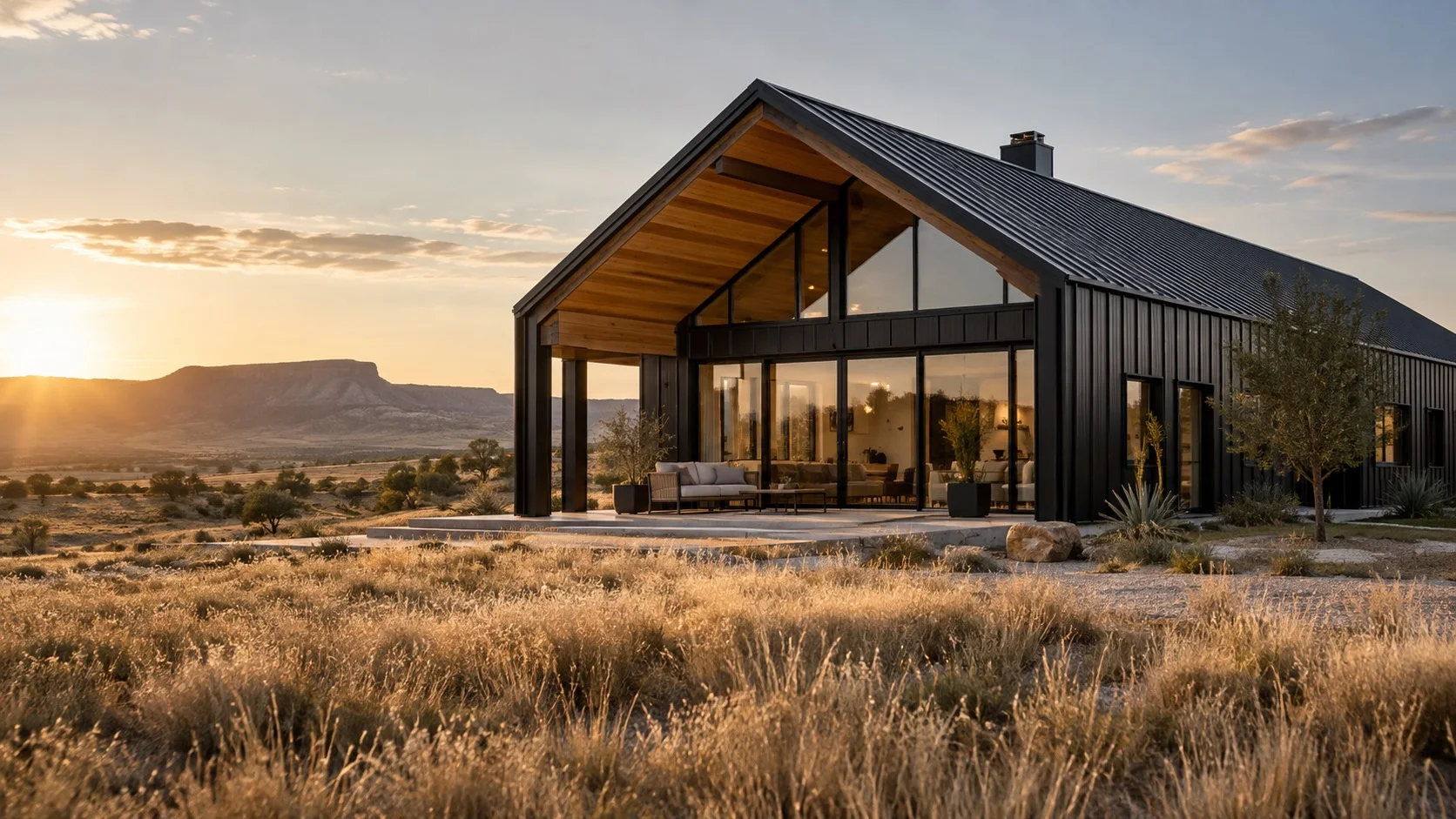 Concept of a dark gabled barndo-style home with warm timber and open land