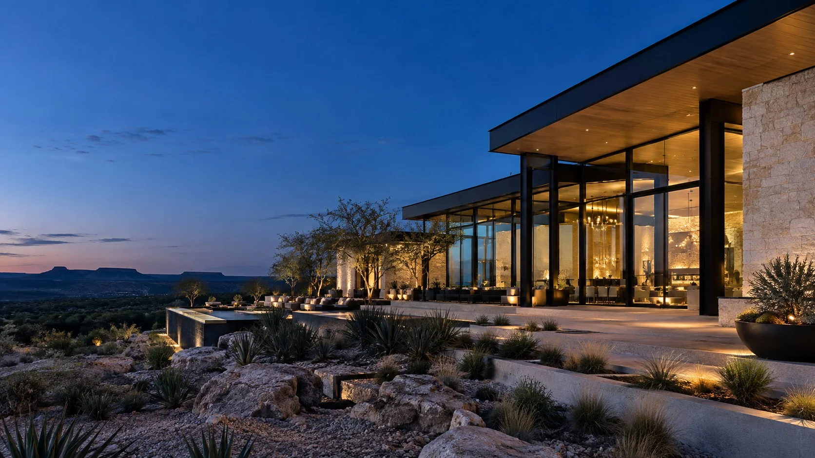 Architectural concept of a contemporary steel and limestone commercial center at dusk